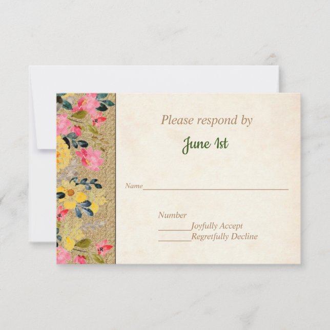 Landliga blommor på jutesäck bröllopsinbjudan RSVP Inbjudningar (Framsida)