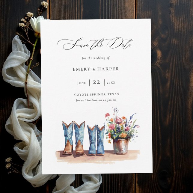 Landliga vildblommor Denimstövlar Rustik Bröllop Spara Datumet (rustic wedding save the date cowboy boots wildflowers floral barn country outdoor backyard modern)