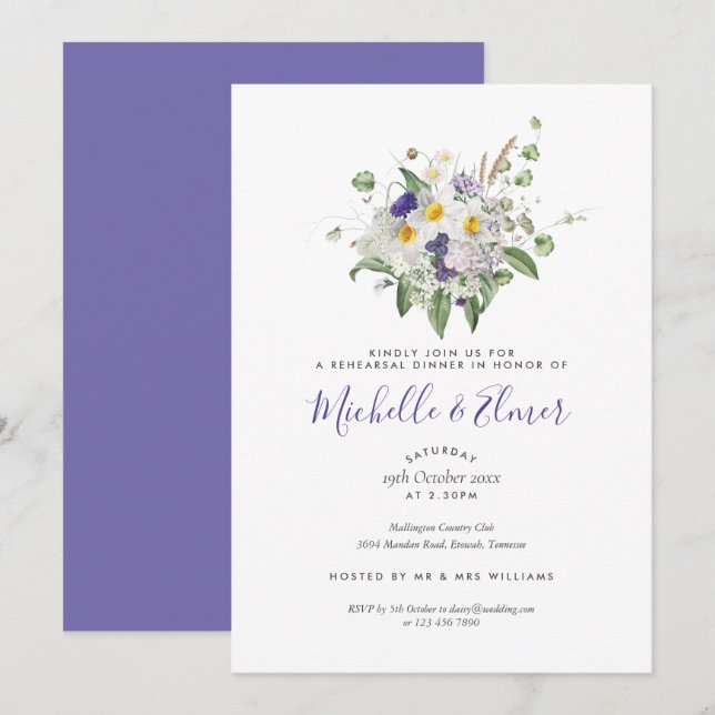 Landliga vildblommor Posy Rehearsal Middag Inbjudningar (Fram/baksida)