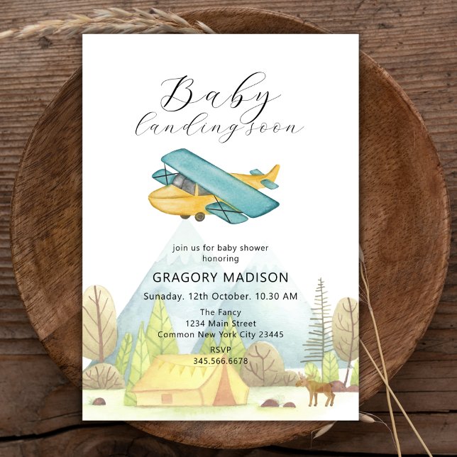 Landning snart Vintage Flygplanets babystövel för  Inbjudningar (Landing Soon Vintage Airplane Forest Baby Shower Invitation)