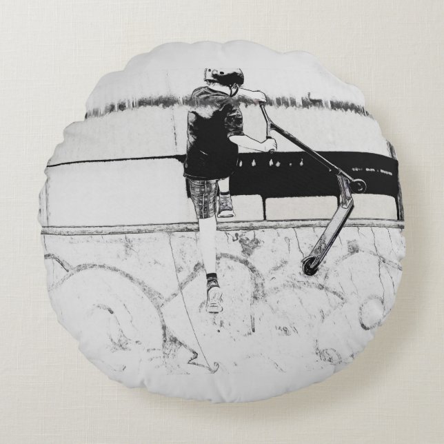 Landning - Stunt Scooter Rider Round Pillow Rund Kudde (Framsidan)