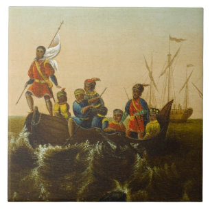 Landningen av Columbus, c.1837 (olja på kanfas) Kakelplatta