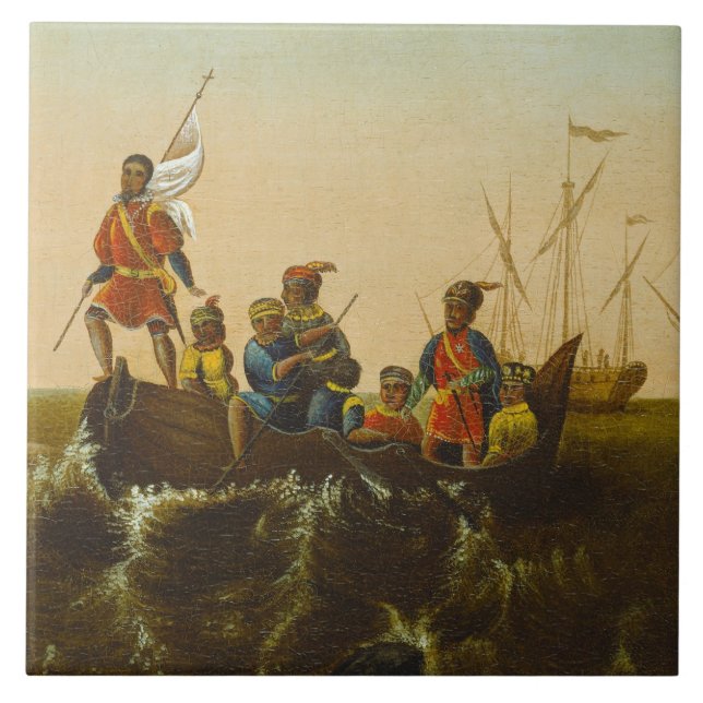 Landningen av Columbus, c.1837 (olja på kanfas) Kakelplatta (Framsidan)