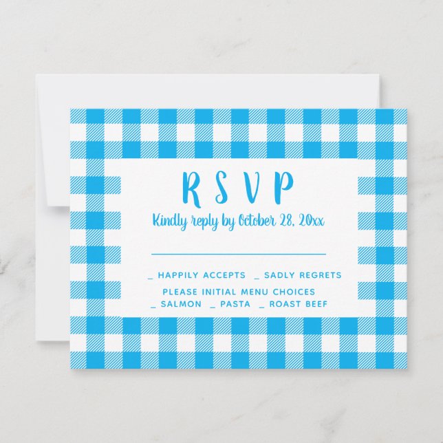 Landsbygd1 Karo Blå Gingham Rustik Bröllop RSVP OSA Kort (Framsida)