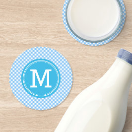 Landsbygd Baby Blå Gingham Personalisera Monogram Underlägg Papper Rund