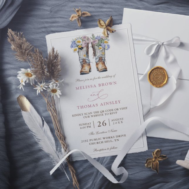 Landsbygd Blommor Rustik Chic Budget QR-kod Bröllo Inbjudningar (Skapare uppladdad)