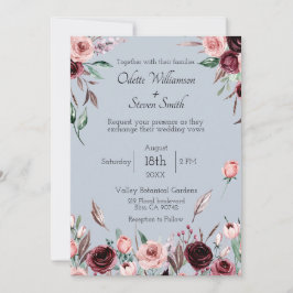 Landsbygd Dusty Blue och Burgundy Blommor Bröllop Inbjudningar
