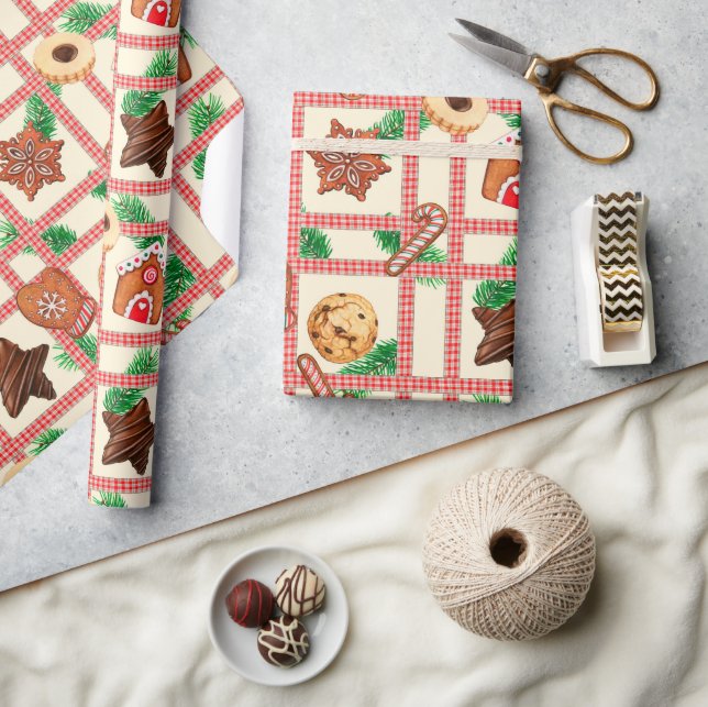 Landsbygd julrandigt rutigt papper & kakor presentpapper (Hantverk)