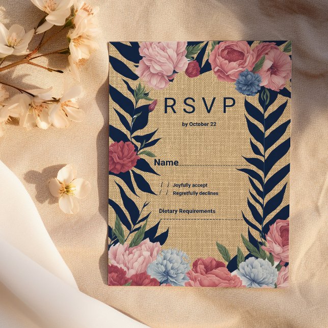 Landsbygd rustik elfenben marinblå rosa blomster R Inbjudningar (Country rustic ivory navy blue pink floral RSVP)
