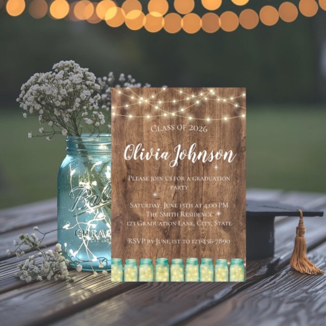 Landsbygd Rustika Ljusande Änglaljus Murbrukskruko Inbjudningar (Country rustic graduation invite with string lights and glowing fairy lights in blue mason jars.)