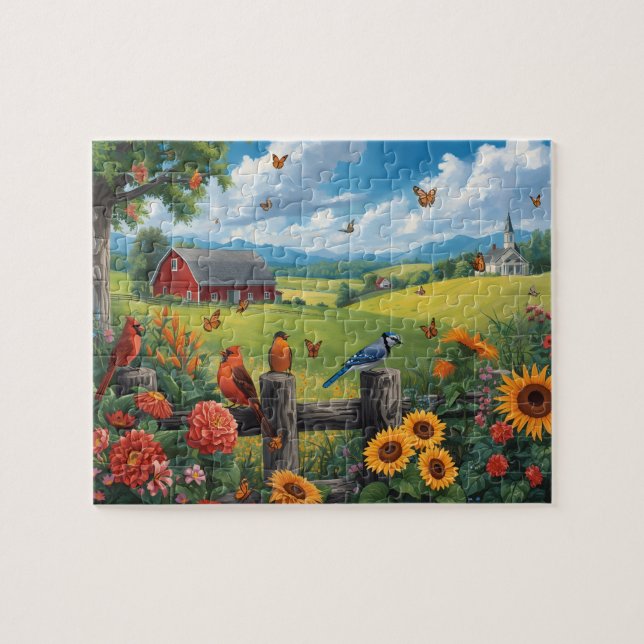Landsbygdens fåglar Solrosor Röd ladugårdsscen Pussel (Horisontell)
