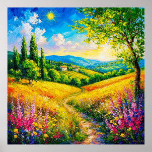 Landsbygdens landskap med blommor poster