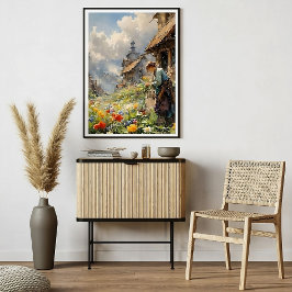 Landsbygdens vattenfärg med flicka i Blomsterträdg Poster