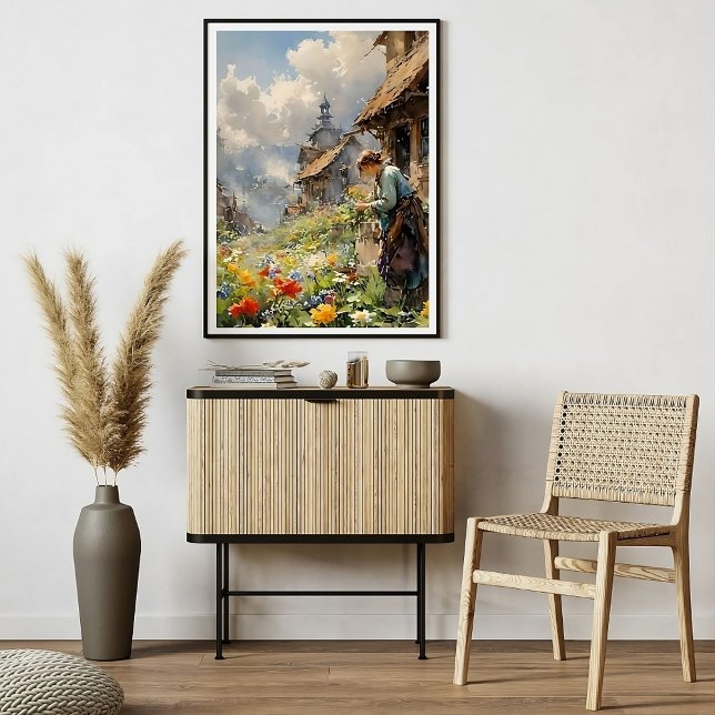 Landsbygdens vattenfärg med flicka i Blomsterträdg Poster (Skapare uppladdad)