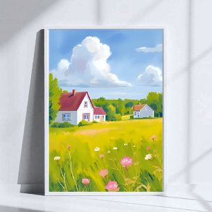 Landsbygdsbostad Frodiga Gröna Fält Akvarell Poster