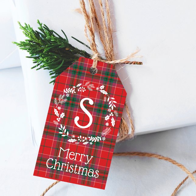Landsbygdsfestlig röd grön kartröjd bladmonogram presentetikett (Country Festive Red Green Plaid Foliage Monogram Gift Tags)