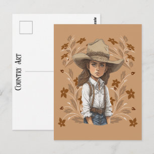 Landsbygdskonst Cowgirl Cowboyhatt Pose Med Blommo Vykort