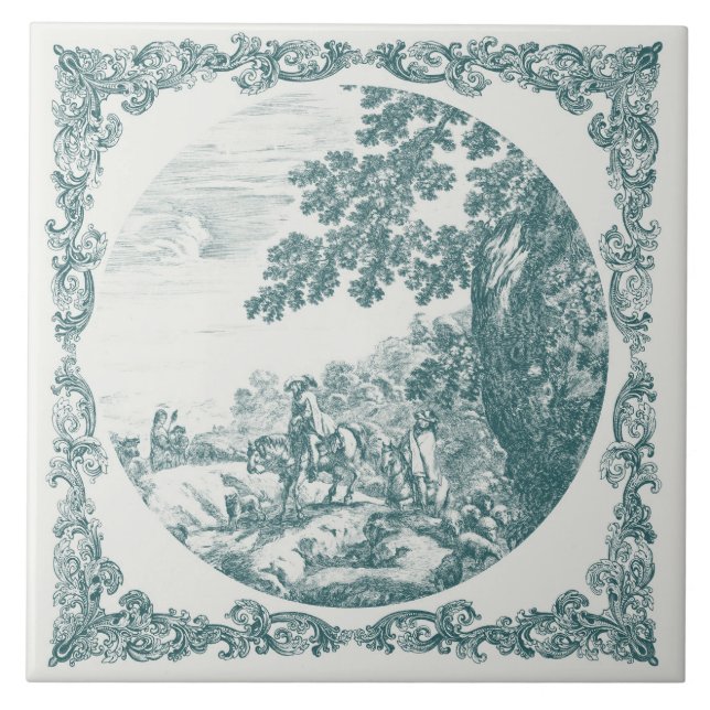 Landsbygdslandskap Vintage Delft teal & grå Kakelplatta (Framsidan)