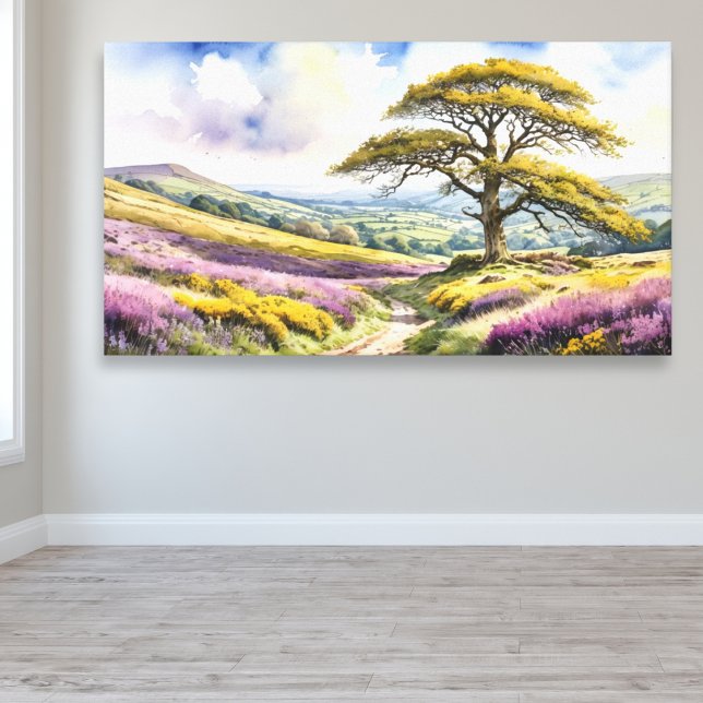 Landsbygdspanorama med ek, kullar och ljung canvastryck (A scenic landscape picture in a watercolor style, with majestic oak tree and purple heather)