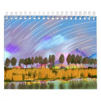Landsbygdsscen med stjärnspår liggande vattenfärg kalender