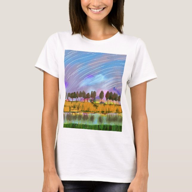 Landsbygdsscen med stjärnspår liggande vattenfärg t shirt (Framsida)