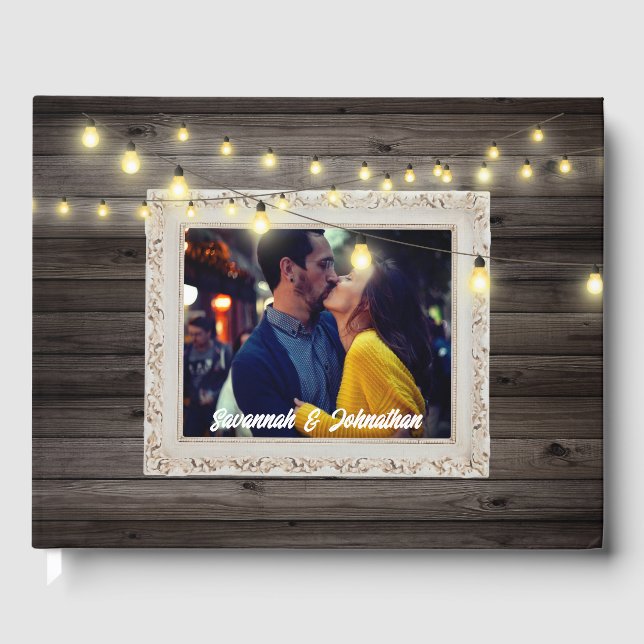 Landsbygdssträngljus trä utomhus rustik bröllop gästböcker (Framsida)