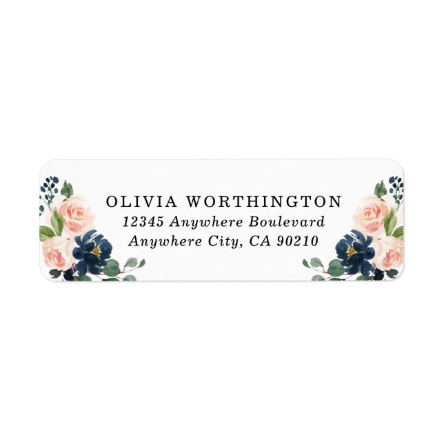 Landsbyggsbröllop av Blommigt för marin blått och  Returadress Etikett (Framsidan)