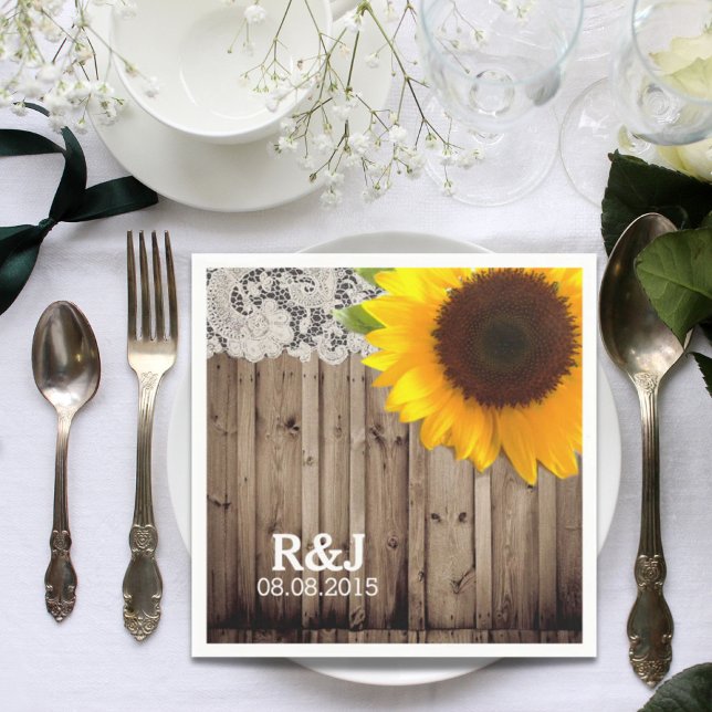 landsbyggsbröllop av solrosfrö från snöre pappersservett (rustic lace barn wood sunflower country wedding napkins)