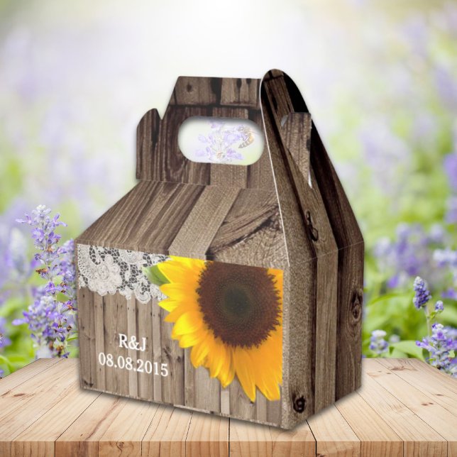 landsbyggsbröllop av solrosfrö från snöre presentaskar (rustic lace barn wood sunflower country wedding favor boxes)