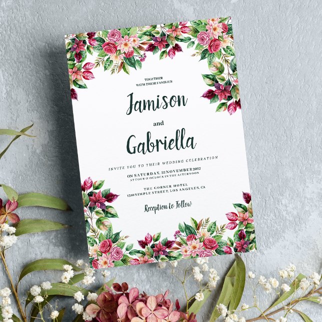 Landsbyggsbröllop för blommigt av botanisk burgund inbjudningar (Botanic burgundy pink green floral country Wedding)