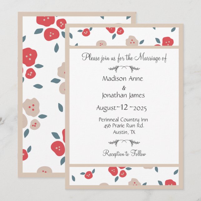 Landsbyggsbröllop för enkel Blommigt Röd Söt Inbjudningar (Fram/baksida)
