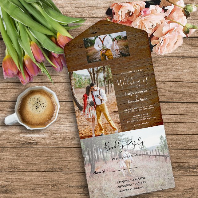 Landsbyggsbröllop för fotot av rundvirke (Rustic wood photo all in one  wedding invitation. For your rustic country wedding.)