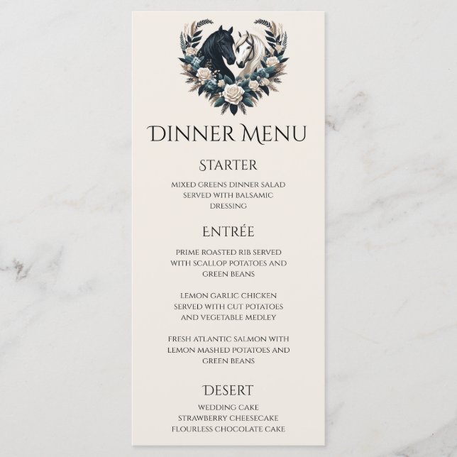 Landsbyggsbröllop-hästar i Kärlek Bröllop Meny (Framsida)