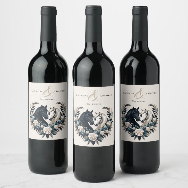 Landsbyggsbröllop-hästar i Kärlek Vinflaska Etikett (Flaskor)