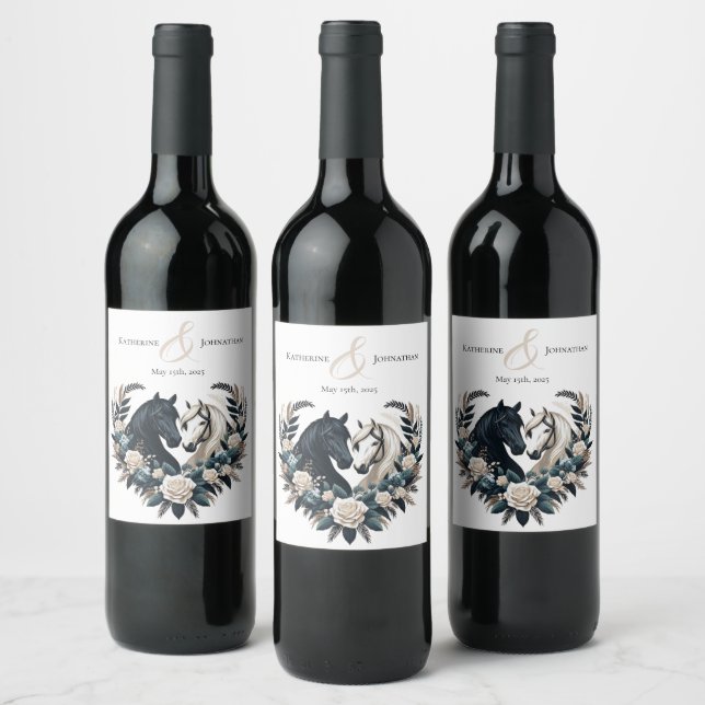 Landsbyggsbröllop-hästar i Kärlek Vinflaska Etikett (Flaskor)