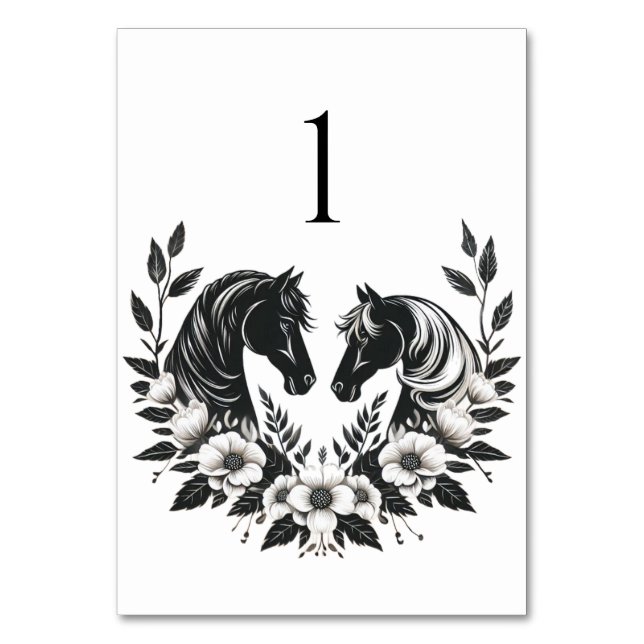 Landsbyggsbröllop-Hästar och blommor Bordsnummer (Framsidan)