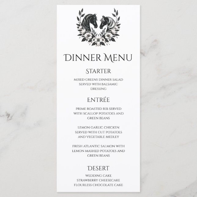 Landsbyggsbröllop-Hästar och blommor Bröllop Meny (Framsida)