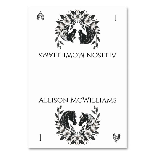 Landsbyggsbröllop-Hästar och blommor- Fjäderfä Bordsnummer (Framsidan)