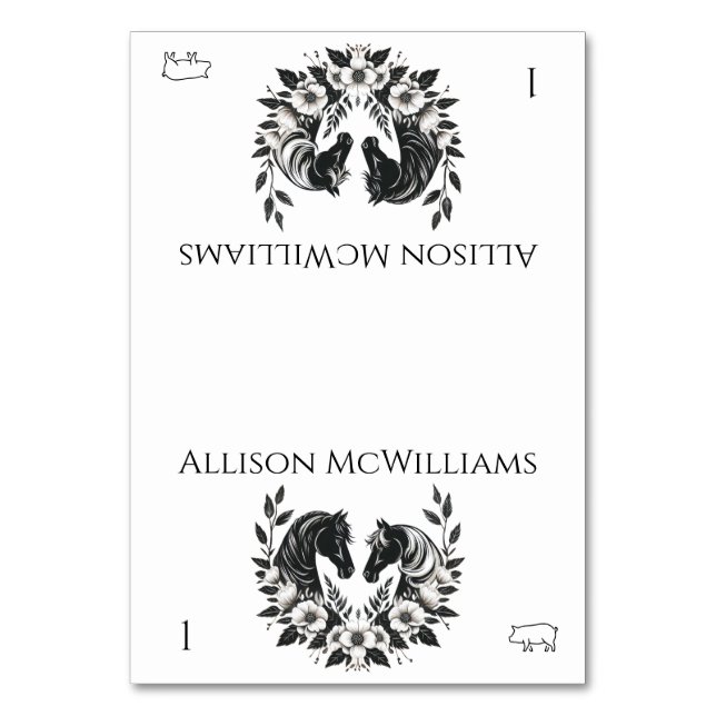 Landsbyggsbröllop-Hästar och blommor- Gris Bordsnummer (Framsidan)