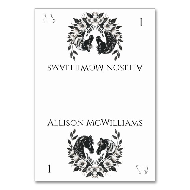 Landsbyggsbröllop-Hästar och blommor Kött Bordsnummer (Framsidan)