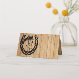 Landsbyggsbröllop Horse Horseshoe Western Wood Placeringskort