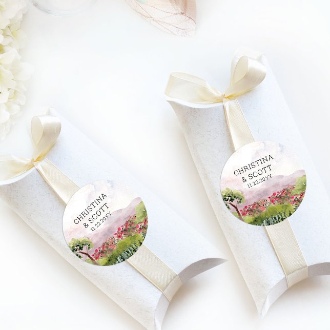 Landsbyggsbröllop Rosa Flower Meadow Runt Klistermärke (Favor stickers from the Country Meadow wedding collection by Darling & May)
