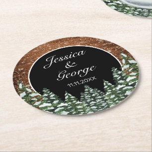 Landsbyggsbröllopet Black Snowy Wood & Forest Gräs Underlägg Papper Rund