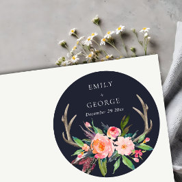 LANDSBYGGSBRÖLLOPET BOHO NAVY ANTLER BLOMMIGT RUNT KLISTERMÄRKE