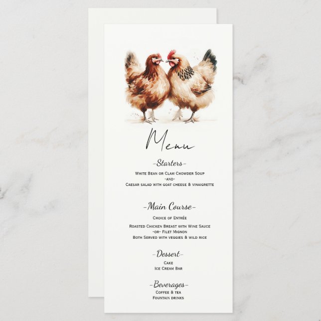Landsbyggsbröllopet Brun Chickens Watercolor Menu Meny (Fram/baksida)