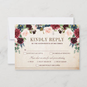 Landsbyggsbröllopet Burgundy Navy Blommigt Rustic OSA Kort