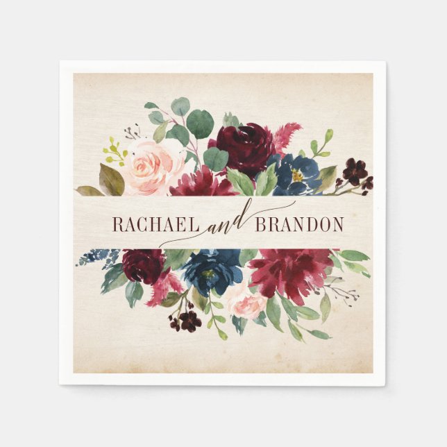 Landsbyggsbröllopet Burgundy Navy Blommigt Rustic  Pappersservett (Framsidan)