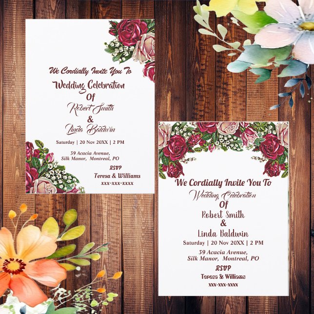 Landsbyggsbröllopet Burgundy Red Rustic Ro Garland Inbjudningar (Burgundy Red Rustic Roses Garland Country Wedding Invitation)