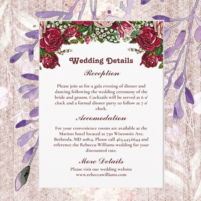 Landsbyggsbröllopet Burgundy Red Rustic Ro Garland Tilläggskort (Burgundy Red Rustic Roses Garland Country Wedding Enclosure Card)