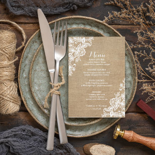 Landsbyggsbröllopet Burlap och Snöre Rustic Meny